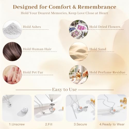 Heart Rose Cremation Urn Necklace for Ashes for Women 925 Sterling Silver