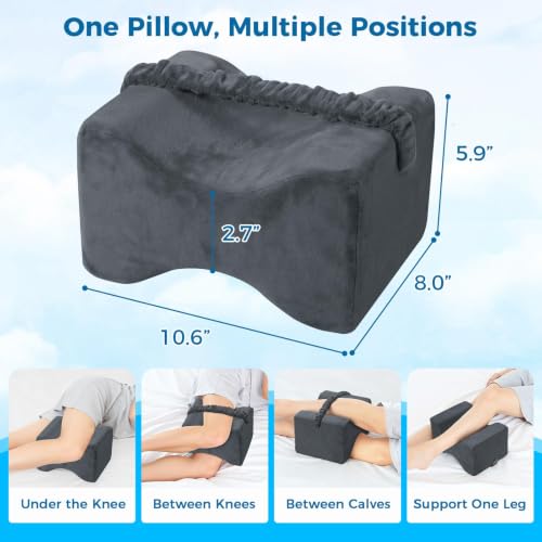 Grey memory foam knee pillow with strap for side sleepers, designed for leg support and comfort, by ComfyInLove.