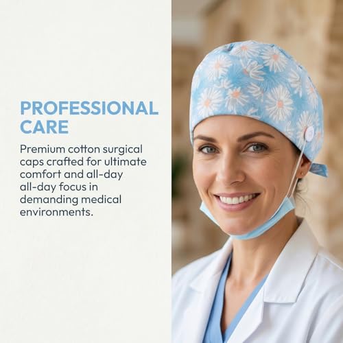 Pack of 4 Surgical Caps with Buttons, Cotton Nurse with Sweatband, Bandana Work Caps, Adjustable Surgical Hat for Women and Men (B) B