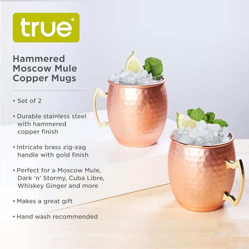 True Moscow Mule Mug, Stainless Steel, Copper Cups for Moscow Mules, Copper Bar Cart Accessories, 16 oz, Set of 2 Copper Hammered, Set of 2