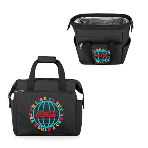 PICNIC TIME Coca Cola Unity Buy The World On The Go Lunch Bag Cooler Insulated Soft Lunch Tote with Expandable Storage Dual Compartments Travel Ready Design, (Black) 10 x 6 x 10.5 Coca-Cola World - Black