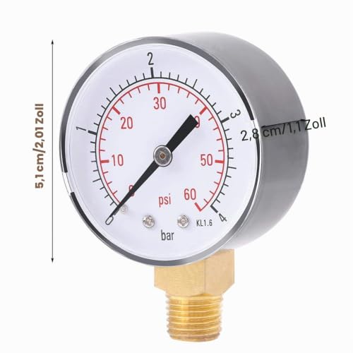 Tyenaza Pressure Gauge Water Pressure Gauge 0-4bar/0-60psi NPT Pressure Tester 1/4 Inch NPT Side Mounting Pipe Thread