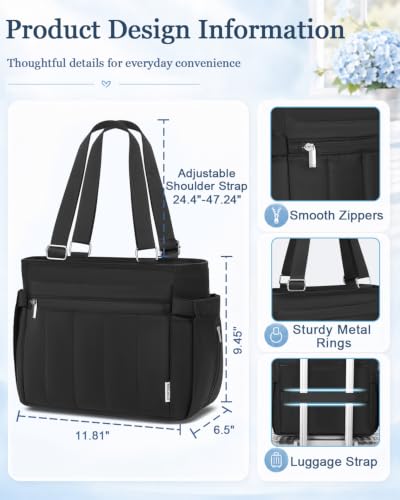 Large black KEILAICO leakproof soft insulated lunch bag for women, 10L tote with spacious interior and secure closure.
