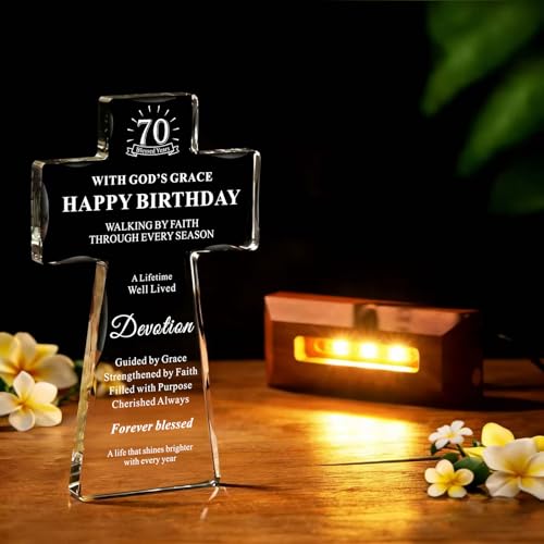 70th Birthday Gifts for Women Men, Lighted K9 Crystal Cross with Wooden Base, Christian Birthday Gift for Mom Dad Grandma Grandpa, Religious Faith Keepsake Decor, 70 Blessed Years 70th Birthday Gifts with Light Base