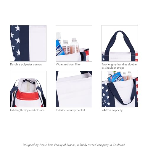 Picnic TIME Topanga Tote Cooler Bag, Versatile Insulated Cooler Bag with 24-Can Capacity, Soft Insulated Tote with Water-Resistant Interior Liner, Long Straps, and Exterior Pocket Stars and Stripes Topanga Cooler 2.0