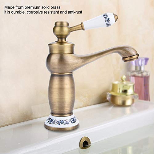 Fdit Single Handle Mixer Tap, Brass Bathroom Basin Faucet with Floral Pattern Lift Up Turn Design for Sink and Hand Washing Basin (Antique) Blue,white