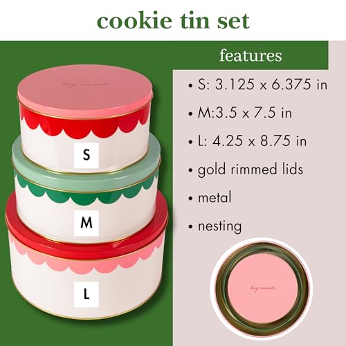 Set of three kate spade new york round cookie jars with colorful "Hey Sweets" designs, perfect for storing cookies.