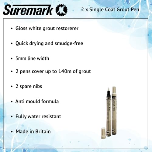 SureMark white Grout Pen Twin Pack for refreshing tile grout, 2 x 7ml pens