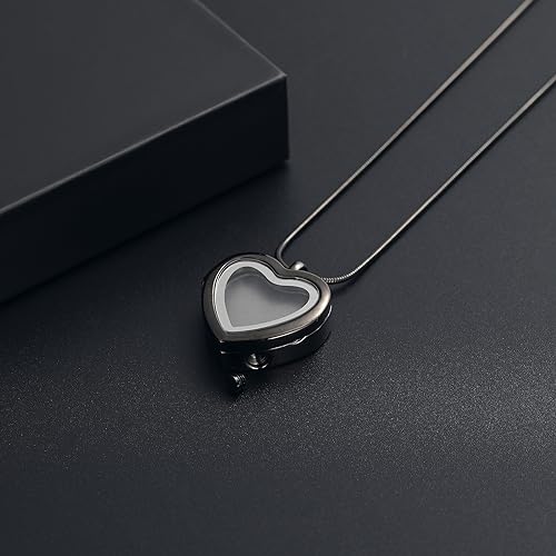 Cremation Jewelry Necklace for Ashes Heart Shaped Memorial Picture Lockets for Ashes Stainless Steel Keepsake Urn Ashes Pendants That Holds Pictures Photo Black