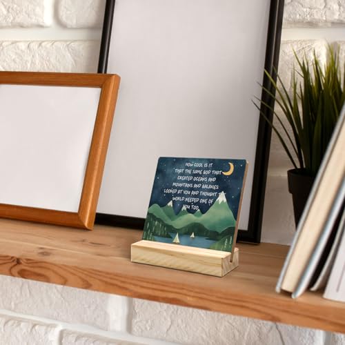 Inspirational Desk Decor, Mountain Moon Night Motivational Quote Wood Plaque, Positive How Cool is It That the Same God Wooden Plaque Sign with Wood Stand for Home Kids Room Nursery Decor