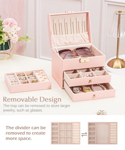 Homde Small Jewelry Box for Girls: 3-Layer Lockable Organizer (Blush Pink) Blush Pink