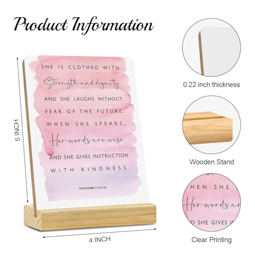 MUBIAO Inspirational Bible Verse Rustic Wooden Plaque with Stand, Proverbs 31:25-26, 4x5 Inches, Wood Material Multicolor459