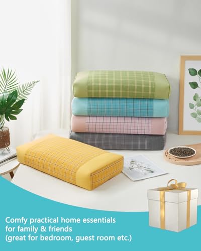 Buckwheat Cube Pillows for Side Sleepers,19.6"x9.8" Buckwheat Hulls Filling Cervical Neck Support Pillows for Sleeping, Customizable Height, Plaid Pillow Covers,Green Green