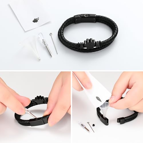 Cremation Jewelry Urn Leather Bracelet for Ashes Paw Print Urn Bracelet for Ashes for Women Men Memorial Cuff Wristband Braided Leather Bangle Keepsake Jewelry Black-22cm