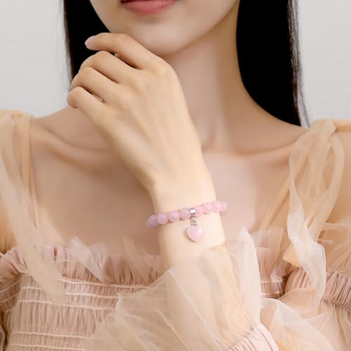 MAIBAOTA Rose Quartz Heart and Heart Charm Bracelet