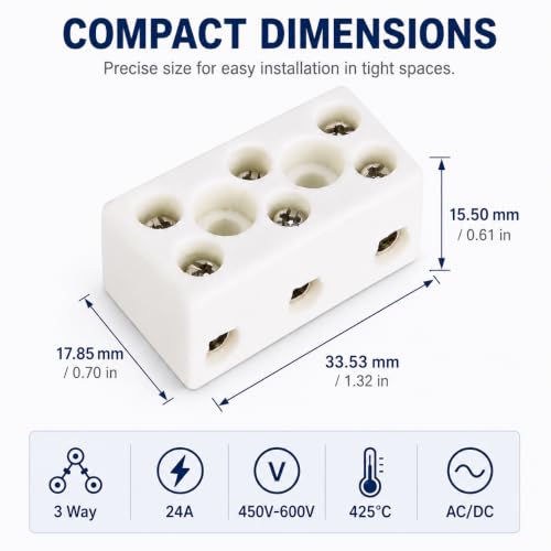 Ceramic Terminal Blocks, Ceramic Connectors, Pack of 10 3 Way 24A TC-613 Porcelain Connectors, High Temperature Resistant Terminal Block for Electrical Wiring