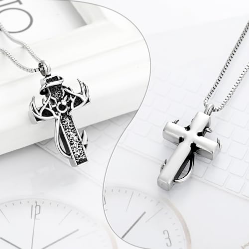 XSMZB Cross Cremation Jewelry Urn Necklace for Human Ashes Fish Hook Memorial Urn Pendant Deer Antler Cross Ashes Holder Keepsake Jewelry Silver-Black