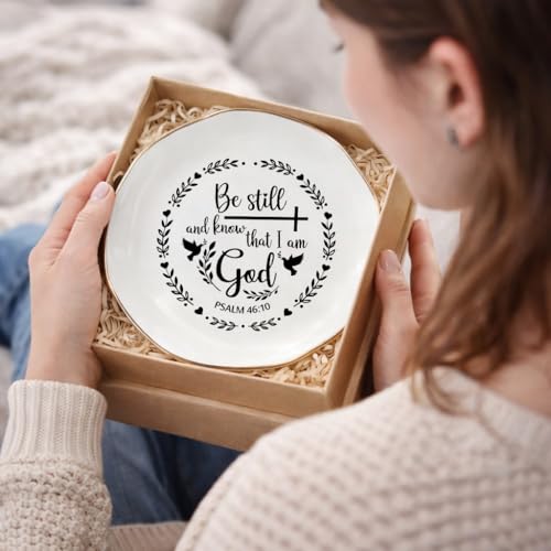 Christian Jewelry Dish Ring Holder Ceramic Trinket Tray, Bible Verse Jewelry Tray for Rings Earrings Necklace, Christian Gifts for Women Friends Mom Faith Inspirational Decor Be still and know that I am God
