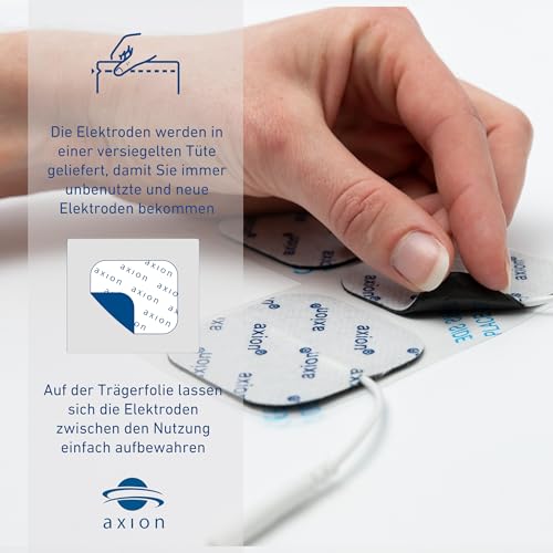 16 Electrodes with 2mm jack - Square self adhesive Pads - 5x5cm - Fits all TENS EMS units with 2mm connection - axion brand quality | 2 mm plug-in connection. Reusable self-adhesive electrodes for TENS device and EMS trainer, super adhesion + conductiv...