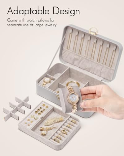 VLANDO 2 Layer Jewelry Box,Jewelry Organizer Storage Lockable Earring Organizer Removable Jewelry Tray with Watch Pillow for Neckable Ring Bracelets-Grey 03.Grey-Pillow