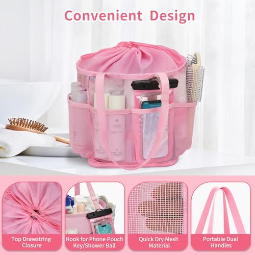 Mesh Shower Caddy Portable for College Dorm Room Essentials, Hanging Shower Caddy with Waterproof Phone Pouch, Large Capacity Shower Bag Basket Tote for Bathroom, Gym, Camping, Swimming, Beach, Pink 04-Pink with Phone Pouch