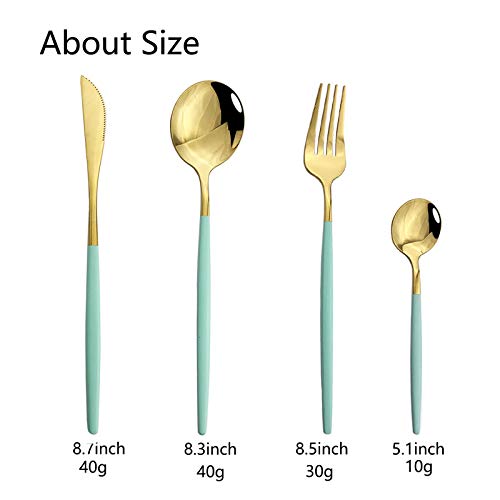 JASHII Flatware Serving Set 24 Piece, Stainless Steel Silverware Set, Mint Green Gold Cutlery, Modern Elegant Tableware for Party, Christmas, Dinner