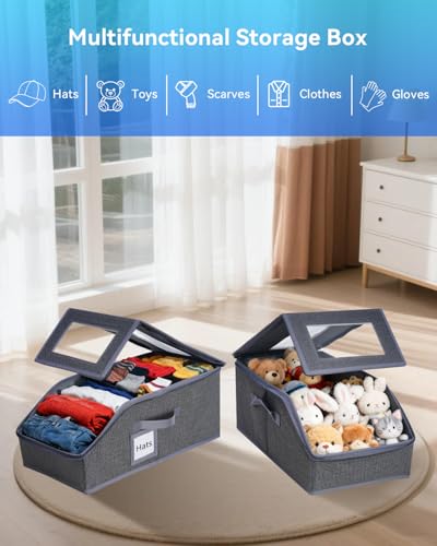2PCS Stackable Hat Organizer for Baseball Caps, Hat Organizer Holds up to 30 Caps for Closet with Clear Window, Sturdy Frame Hat Storage for Men & Women, Space Saving (Drak Grey) Drak Grey