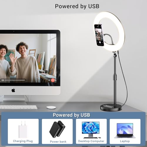 Desk Ring Light with Magnetic Phone Holder, 10'' Video Conference Podcast Lighting Kit for Laptop Computer Monitor Zoom Call Streaming, 3 Color LED Halo Light with Adjustable Stand for Home Office 10inch
