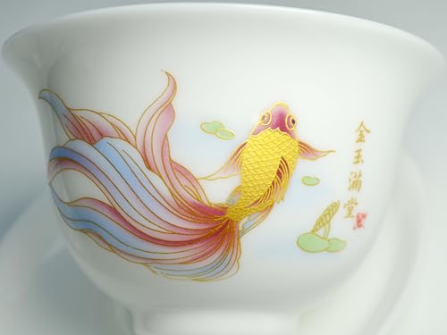 Liang baobao Ice Jade White Porcelain Gaiwan,5oz Teacup Suet-fat Jade Porcelain Chinese Tea Cup Set for Gongfu Tea (fish) fish