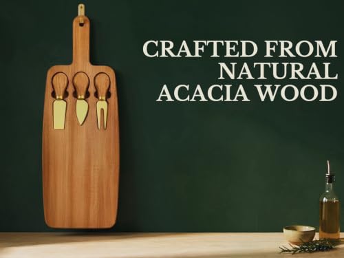 Acacia Cheese Board Set with Gold Cheese Knives & Magnetic Tool Storage