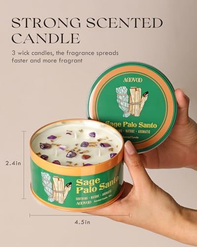AOOVOO Sage & Palo Santo Candle for Cleansing - 12oz Crystal Scented Candle Sage&Palo Santo