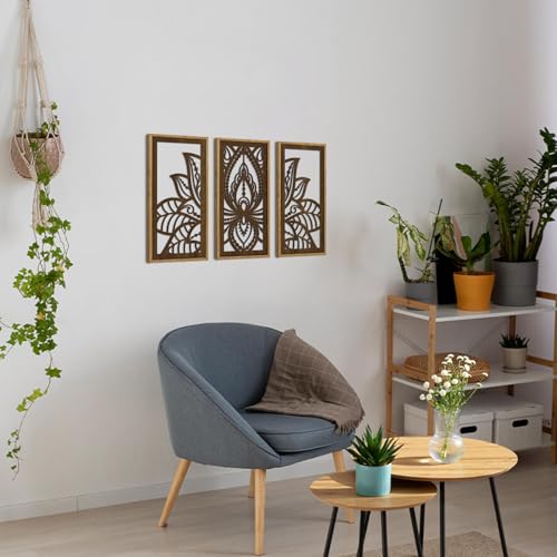 HPNIUB 3PCS Lotus Flower Wall Decor, Mandala Carved Wood Sign for Yoga Room, Spiritual Meditation Wooden Hanging Plaque Home Decor for Living Room Office Bathroom Decoration(8x16Inch) Mandala Flower Wooden Wall Art