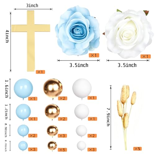 Gold Cross Cake Topper for Baptism, Glod Blue Balls Cake Decorations First Communion & Christening, Acrylic Mirror Decor - 3.94 Inch Holy Cross for Baby Shower, Wedding Cakes