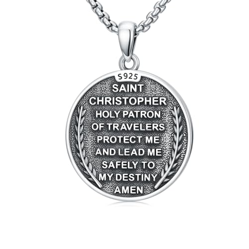 Seiyang 925 Sterling Silver St Michael/St Christopher/St Raphael/St Jude/St Benedict Crucifix Pendant/Nail Cross Necklace Religious Amulet Jewelry Gift for Men Women (with Gift Box) A04-Christopher(Round)