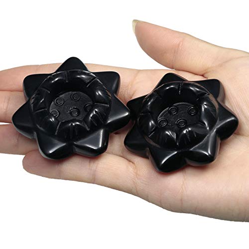 Amogeeli Black Obsidian Stone Lotus Flower Figurine for Home & Office, Hand-Carved Stone Tea Light Candle Holder, Stone Stand for Crystal Ball Black/Black Obsidian Stone