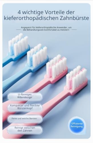 Braces Toothbrush U Shape Soft PBT Bristles Pack of 4 (2 Orthodontic Brushes + 2 Tip Brushes/Interdental Brushes) for Braces (Blue Interdental Brushes) Blue Interdental Brushes