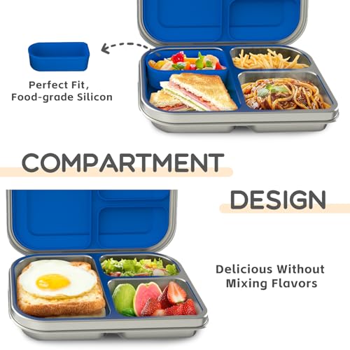 BOSEDSANG Stainless Steel Kids Leak-Resistant Bento Lunch Box, 3-Compartments with Silicone Container, Dishwasher-Safe, Child-Friendly Design for School, Picnics & Travel,BPA-Free (Blue) Blue
