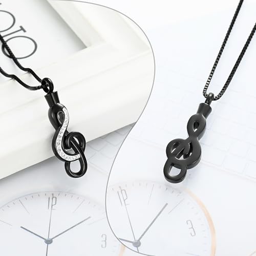 XSMZB Cremation Jewelry Crystal Music Note Urn Necklace for Ashes Stainless Steel Necklace Urn Cremation Memorial Ashes Holder Keepsake Pendant Locket Black