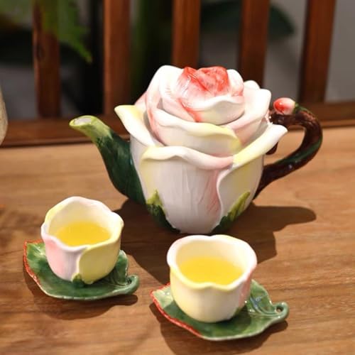 Ceramic Mini Rose Tea Pot Set, 3D Hand-painted Flower Cup and Leaves Saucer, Set of 5