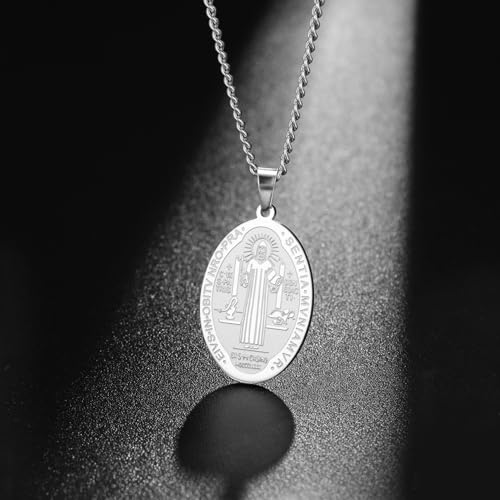 Amaxer Saint Benedict Of Nursia Necklace for Women Oval St. Benedict Medal Religious Protection Jewellery Catholic Pendant Necklace for Women Men Silver