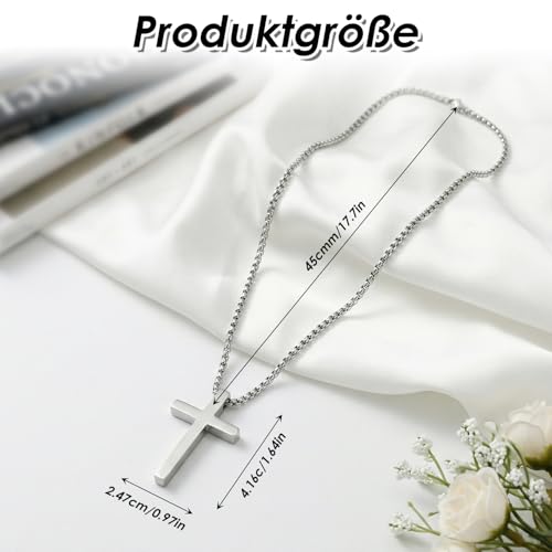 Silver Cross Necklace for Men and Boys, Cross Chain Pendant, Classic Christian Jewelry Gift for Son, Birthday, Father’s Day, Religious Confirmation and Baptism
