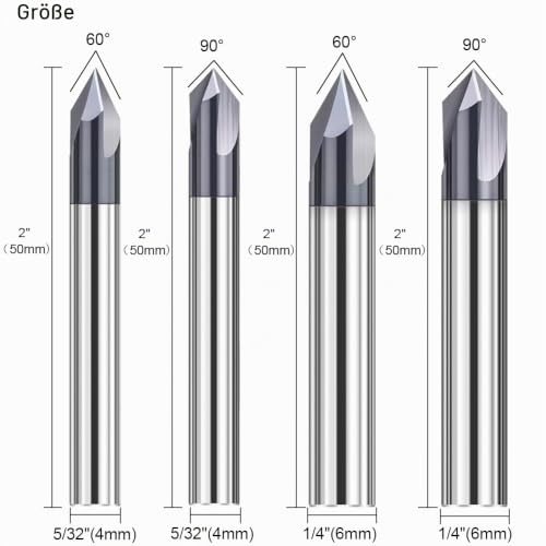 ASNOMY Set of 4 Solid Carbide Chamfer Cutters 3 Flutes V Groove Cutter 60 Degree and 90 Degree CNC Milling Cutter End Mill with TiAlN Coating for Machine Tools and Chamfering 6mm; 4mm
