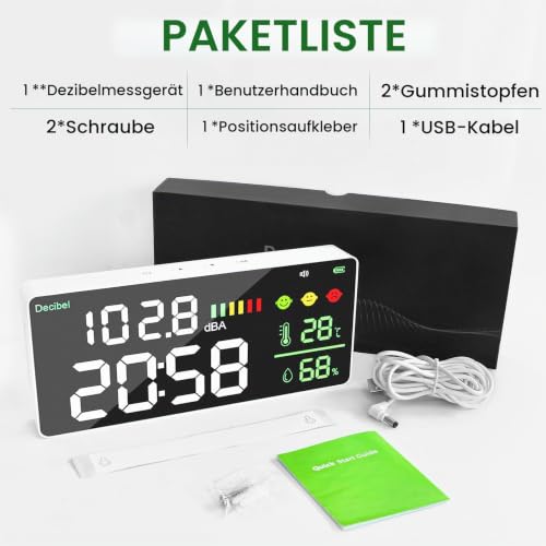 Sound Level Meter Decibel Meter LED Screen Brightness Adjustment 30-130dBA Range 4-in-1 Noise, Time, Temperature and Humidity, Suitable for Home, Office, etc gr-165a