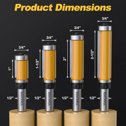 REKCKRUL 4-piece top and bottom bearing flush trim router bits set with 1/2-inch shanks