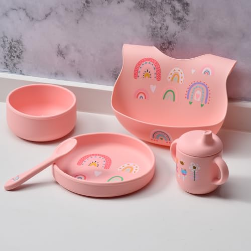 silicone baby feeding set, Baby Led Weaning Supplies，Cutlery Feeding Supplies, Baby Utensils Feeding Essentials for Starting Solids，5 Piece Set (pink) Pink
