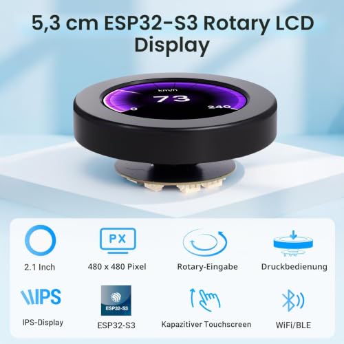 ELECROW ESP32 Rotary Display 480 x 480 - 2.1 Inch HMI IPS Round Knob Touch Display Development Board, 2.4G WiFi and BLE Capacitive Touch Screen Compatible with Arduino IDE and The LVGL Library, Black 2.1" ESP32 Rotary Display
