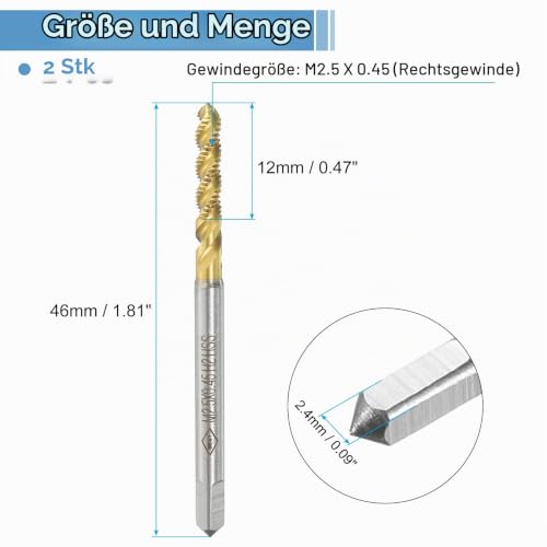 QUARKZMAN 2 Piece Metric Tap M2.5 x 0.45 Tap HSS6542 High Quality Titanium Coated Machine Tap
