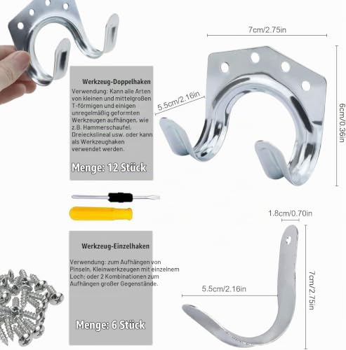 18pcs Garden Tool Holder Hook Holder Garden Tools | Single Hook/Double Hook Device Holder Wall for Garage, Garden, Bicycle Shed with 54 Screws (Silver) Silver