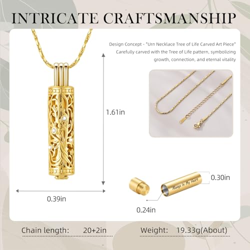 Cylinder Urn Necklace Crystal Tree of Life Cremation Jewelry Pendant for Women Men Vial Cremation Ash Pendant Loved One Memorial Jewelry with Mini Keepsake Urn Ash - Always In My Heart