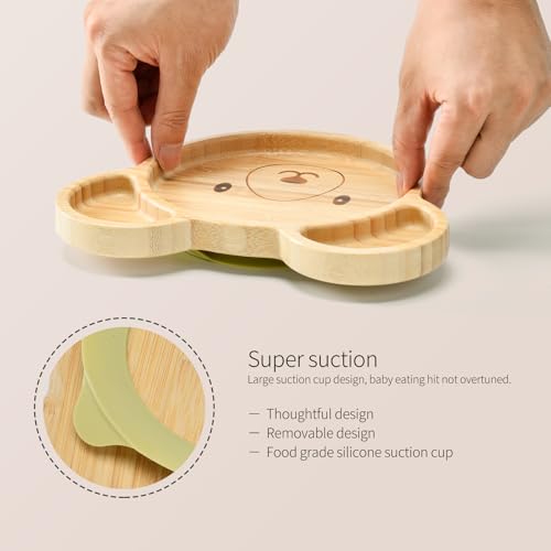 Bamboo Suction Plates Bowls Setfor Baby Toddler Divided Platter Food bowl with Silicone Fork & Spoon All-Natural Baby Feeding Set, Kids Feeding Essentials Bear